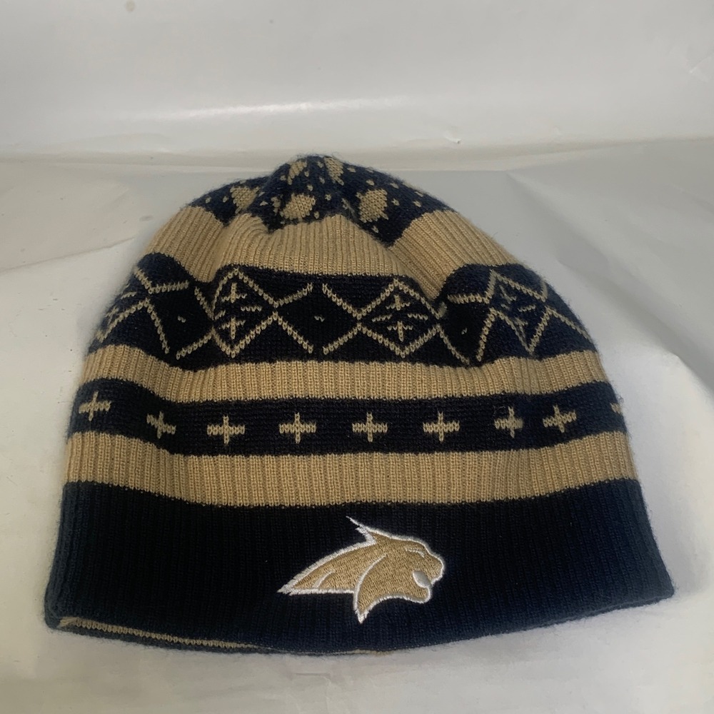 Adidas Beanie Men NCAA Montana State Bobcats Navy Tan Fair Isle Knit Hat